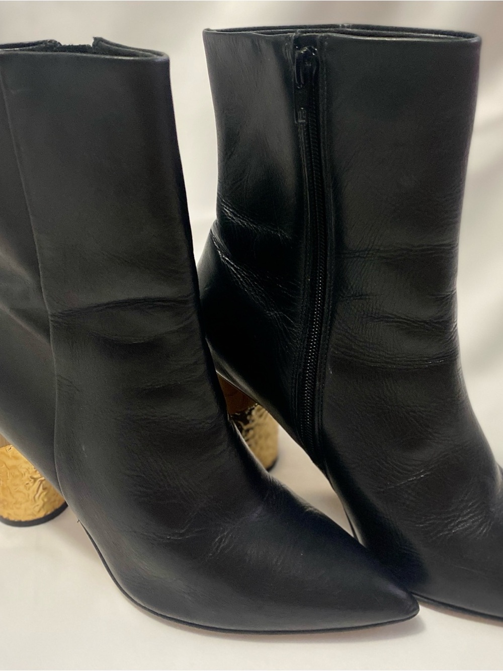 Kurt Geiger Black Leather Pointed Ankle Boots with Gold Textured Block Heel